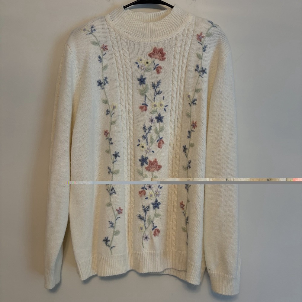 Vintage Alfred Dunnerโ Sweater XL Cream Pullover Embroidered Beaded Cottagecore